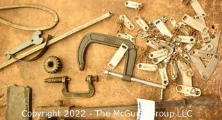 Misc. Tools of the Trade including a Whitney Punch, Steel Brick, Antique Pipe Wrench, Metal Etching Calipers, Metal Clamp and Vintage Metal Fuses Used in Metal Hoods. Assorted Electrical Supplies.  See all photos.  Encourage inspection, Tuesday, April 26, 2-4pm 