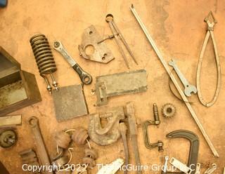 Misc. Tools of the Trade including a Whitney Punch, Steel Brick, Antique Pipe Wrench, Metal Etching Calipers, Metal Clamp and Vintage Metal Fuses Used in Metal Hoods. Assorted Electrical Supplies.  See all photos.  Encourage inspection, Tuesday, April 26, 2-4pm 