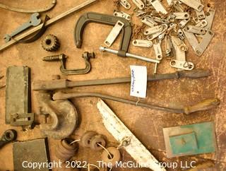 Misc. Tools of the Trade including a Whitney Punch, Steel Brick, Antique Pipe Wrench, Metal Etching Calipers, Metal Clamp and Vintage Metal Fuses Used in Metal Hoods. Assorted Electrical Supplies.  See all photos.  Encourage inspection, Tuesday, April 26, 2-4pm 