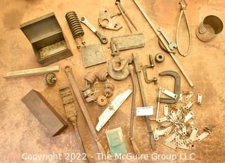 Misc. Tools of the Trade including a Whitney Punch, Steel Brick, Antique Pipe Wrench, Metal Etching Calipers, Metal Clamp and Vintage Metal Fuses Used in Metal Hoods. Assorted Electrical Supplies.  See all photos.  Encourage inspection, Tuesday, April 26, 2-4pm 