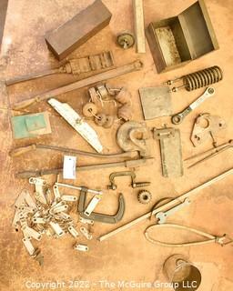 Misc. Tools of the Trade including a Whitney Punch, Steel Brick, Antique Pipe Wrench, Metal Etching Calipers, Metal Clamp and Vintage Metal Fuses Used in Metal Hoods. Assorted Electrical Supplies.  See all photos.  Encourage inspection, Tuesday, April 26, 2-4pm 