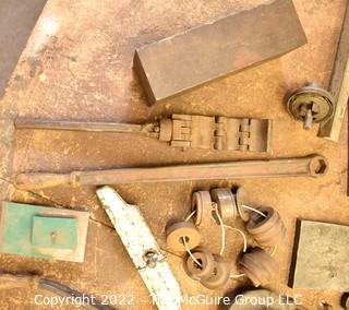 Misc. Tools of the Trade including a Whitney Punch, Steel Brick, Antique Pipe Wrench, Metal Etching Calipers, Metal Clamp and Vintage Metal Fuses Used in Metal Hoods. Assorted Electrical Supplies.  See all photos.  Encourage inspection, Tuesday, April 26, 2-4pm 