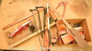 Tire irons, auto style jack, job site measuring wheel, PVC Cutting Pliers, Several Boxes of Hilti Fasteners, etc. Assorted Electrical Supplies.  See all photos.  Encourage inspection, Tuesday, April 26, 2-4pm 