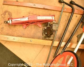 Tire irons, auto style jack, job site measuring wheel, PVC Cutting Pliers, Several Boxes of Hilti Fasteners, etc. Assorted Electrical Supplies.  See all photos.  Encourage inspection, Tuesday, April 26, 2-4pm 