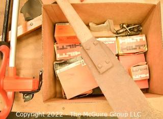 Tire irons, auto style jack, job site measuring wheel, PVC Cutting Pliers, Several Boxes of Hilti Fasteners, etc. Assorted Electrical Supplies.  See all photos.  Encourage inspection, Tuesday, April 26, 2-4pm 