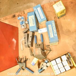 Assortment of Electrical Tools and Supplies including red metal box