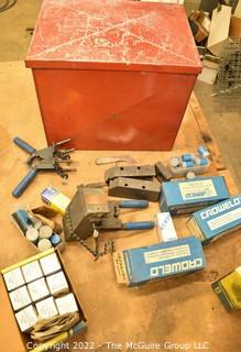 Assortment of Electrical Tools and Supplies including red metal box