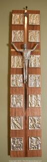 Hand Carved Wood and Pewter Crucifix With 14 Stations of the Cross Plaque. 