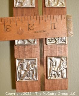 Hand Carved Wood and Pewter Crucifix With 14 Stations of the Cross Plaque. 