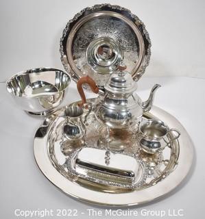 Group of Silver Plate Serving ware and Pewter Tea Set. 