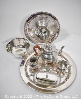 Group of Silver Plate Serving ware and Pewter Tea Set. 