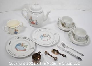 Set of Children's Beatrix Potter Peter Cottontail Porcelain Dinnerware and Flatware.  Includes Sterling Baby Cup and Rattle.