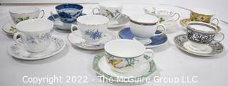 Collection of Ten (10) Fine Porcelain Hand Painted Tea Cups and Saucers.