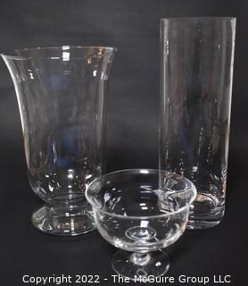 Three Large Clear Crystal Vases and Bowls.  One Marked Villeroy & Boch.  