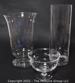 Three Large Clear Crystal Vases and Bowls.  One Marked Villeroy & Boch.  