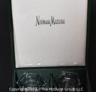 Pair Of Neiman Marcus Lead Crystal Glass Candlesticks in Velvet Gift Box. 