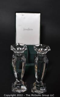 Pair Of Neiman Marcus Lead Crystal Glass Candlesticks in Velvet Gift Box. 