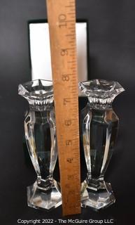 Pair Of Neiman Marcus Lead Crystal Glass Candlesticks in Velvet Gift Box. 