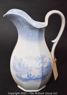 Antique Staffordshire Blue and White Transferware Large Pitcher.  13" tall.