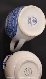 Two Blue and White Pitchers, Blue Pottery Butter Dish and White Porcelain Platter. 