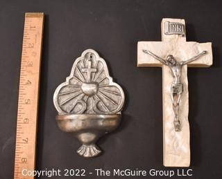 Stone and Pewter Wall Crucifix and Pewter Holy Water Wall Font. 