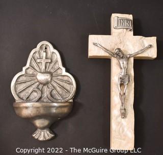 Stone and Pewter Wall Crucifix and Pewter Holy Water Wall Font. 