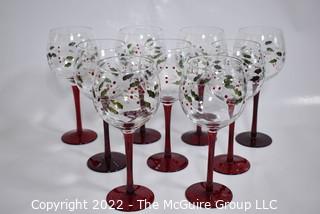 Set of Nine (9) Hand-Painted Holiday Wine Glasses. 