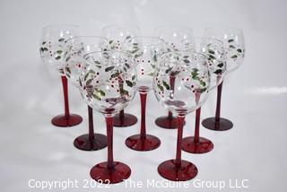 Set of Nine (9) Hand-Painted Holiday Wine Glasses. 