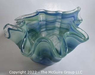 Hand-Blown Blue Art Glass Handkerchief Bowl.  7" tall.