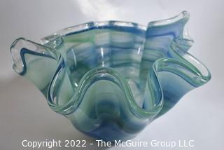 Hand-Blown Blue Art Glass Handkerchief Bowl.  7" tall.