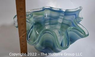 Hand-Blown Blue Art Glass Handkerchief Bowl.  7" tall.