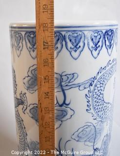 19th Century Asian Blue & White Porcelain Umbrella Stand. 18" tall.