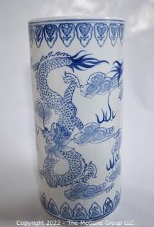 19th Century Asian Blue & White Porcelain Umbrella Stand. 18" tall.