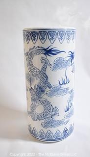 19th Century Asian Blue & White Porcelain Umbrella Stand. 18" tall.