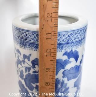 19th Century Asian Blue & White Porcelain Umbrella Stand. 11" tall. 
