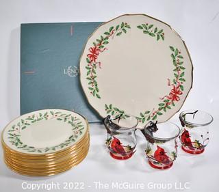 Lenox Holiday China Serving Platter, Plates and Glass Cups. 