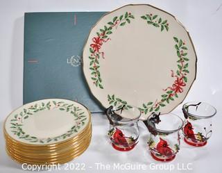 Lenox Holiday China Serving Platter, Plates and Glass Cups. 