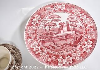 Copeland Spode Pink Tower Pedestal Cake Plate and Johnson Bros. Historic America Brown Cup & Saucer.