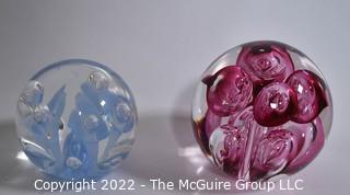 Two (2) Hand Blow Glass Paperweights Signed Joe St. Claire and Quality Trading. 