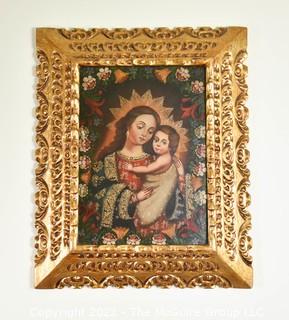 Folk Art Oil on Canvas Retablo Of Madonna And Christ Child, Unsigned, Cusco School, Peru. In ornate carved gilt frame. 16" x 19" with Frame. 13" x 9 1/2" Inside Frame.