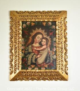 Folk Art Oil on Canvas Retablo Of Madonna And Christ Child, Unsigned, Cusco School, Peru. In ornate carved gilt frame. 16" x 19" with Frame. 13" x 9 1/2" Inside Frame.