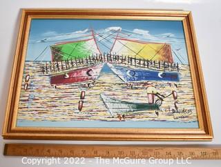 Framed Oil on Canvas of Boats in the Harbor Signed by Artist.  13" x 18".