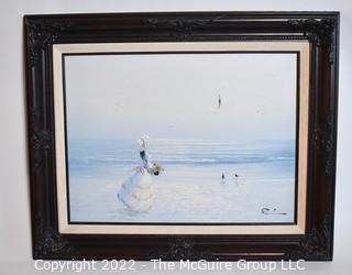 Framed Contemporary Oil on Canvas Woman on Beach Signed by Artist for Collectors Corner. 17" x 19".