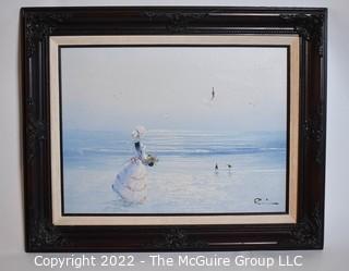 Framed Contemporary Oil on Canvas Woman on Beach Signed by Artist for Collectors Corner. 17" x 19".