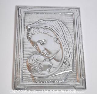 Mid Century Pewter Bas Relief Madonna & Child Wall Plaque. 9" x 11".