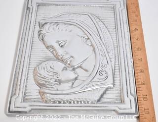 Mid Century Pewter Bas Relief Madonna & Child Wall Plaque. 9" x 11".