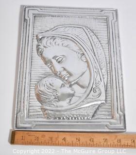 Mid Century Pewter Bas Relief Madonna & Child Wall Plaque. 9" x 11".