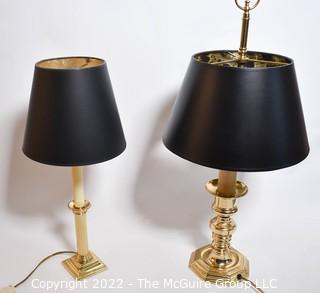 Two (2) Brass Candlestick Style Table Lamps with Black Shades.