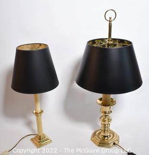 Two (2) Brass Candlestick Style Table Lamps with Black Shades.