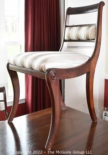 Antique Early Victorian Mahogany Extendable Dining Table with Leaves and Seven (7) White Upholstered Chairs.  96" x 42" x 31".  